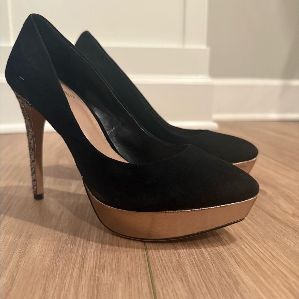 Vince Camuto Black Suede Pumps with Gold and Silver Sparkle Heels